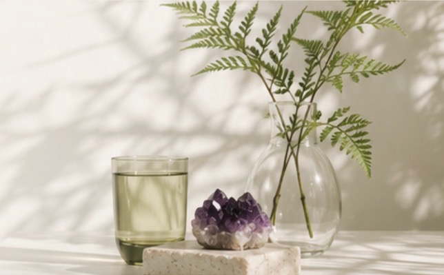 Amethyst crystal, fern, and herbal tonic still life